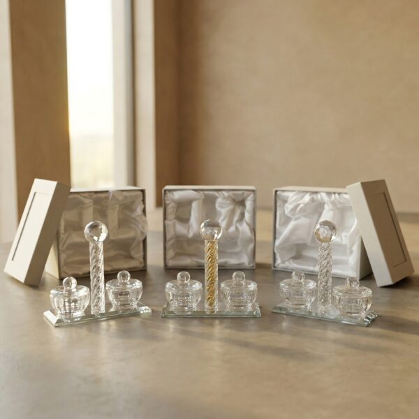 מלחיה מהודרת מזכוכית – זהב / כסף / פנינה | גובה 12 ס״מ | רוחב 13 ס״מ