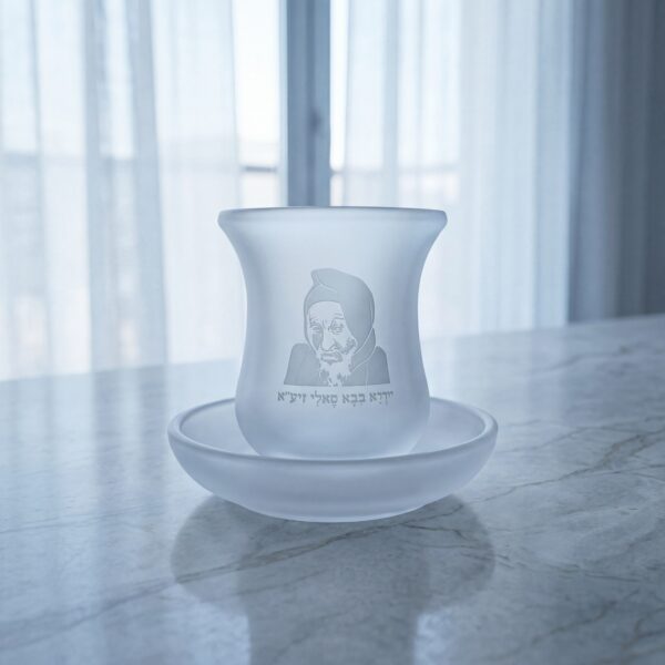 כוס קידוש חלבית "בורא פרי הגפן" + "באבא סאלי" | 15 ס״מ × 8 ס״מ