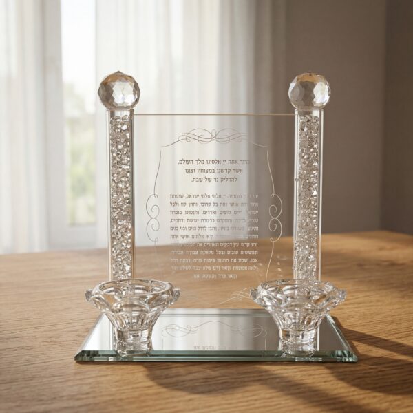 פמוט 2 קנים מזכוכית עם ברכה – רוחב 18 ס״מ | גובה 20 ס״מ