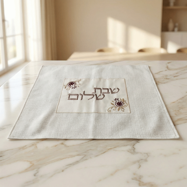 כיסוי חלה “שבת שלום” בגוון לבן ארוג | 40×50 ס"מ